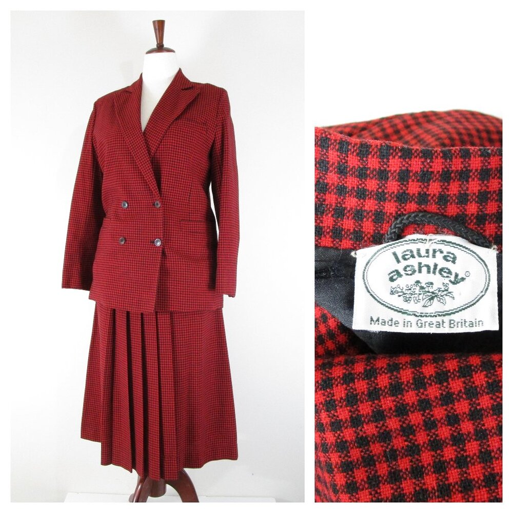 Laura Ashley Vintage Red Black Check Plaid Wool Skirt Suit Size Size 10 12